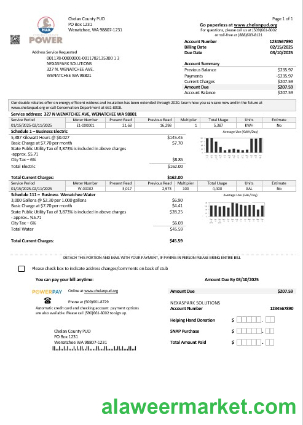 USA Washington Chelan County PUD business utility bill template in Word and PDF formats